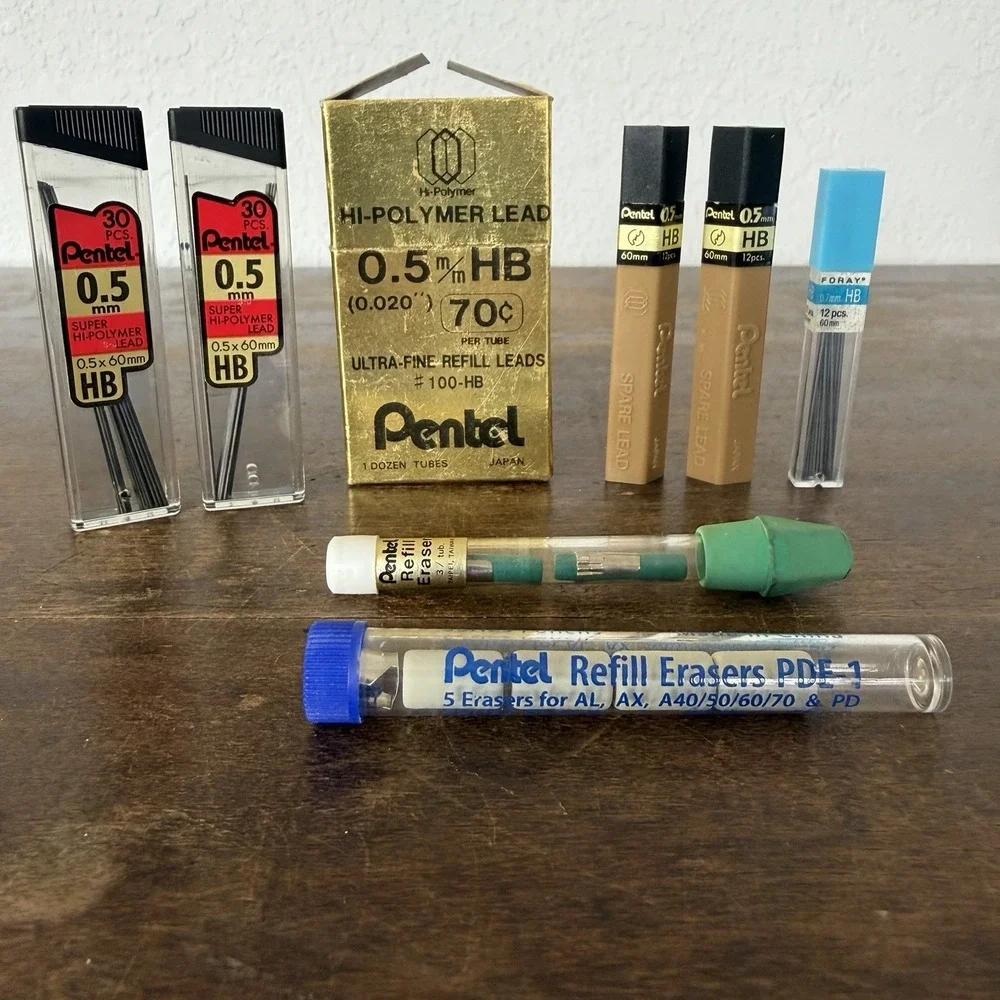 Vintage Lot Pentel Pencil High Polymer‎ 0.5mm 60mm Lead Refills Erasers PDE-1